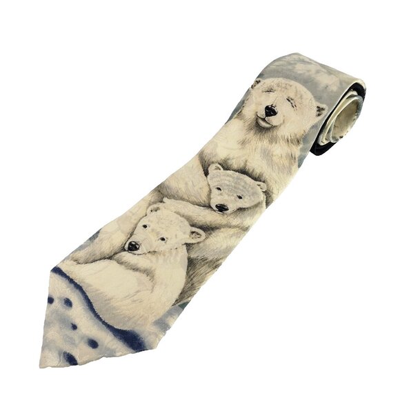 Vintage Polar Bear Family men's tie Endangered species Mark Dennis 1996 USA - Picture 1 of 11